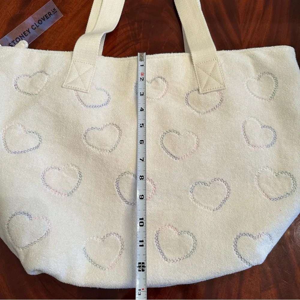 NWT Stoney Clover Lane Hearts Embroidered Terry Zip Top Tote Seashell